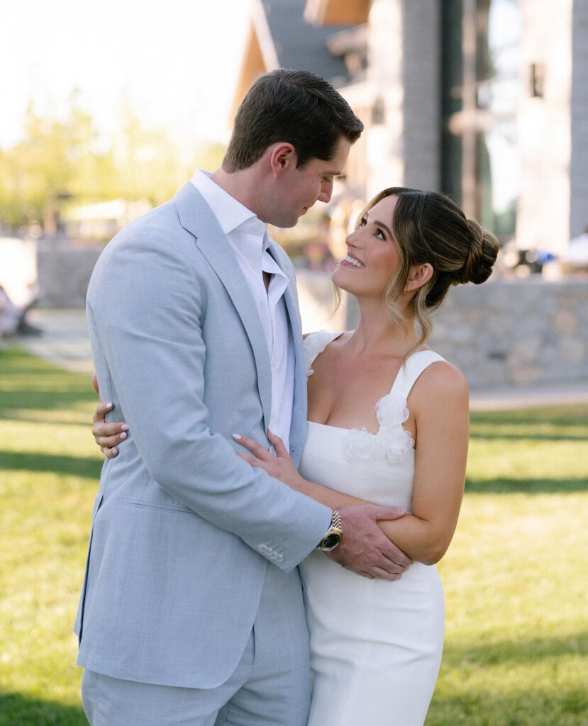 Bride and groom outdoor portrait, Edgewood Lake Tahoe wedding, destination wedding hair and makeup, Tampa bride, Lake Tahoe wedding photography