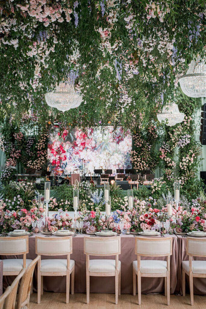 Garden-inspired wedding table setting with luxurious floral design at the Smith Center in Las Vegas