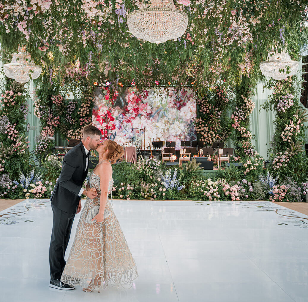 Beautiful wedding bar decorated with lush florals at Smith Center luxury wedding in Las Vegas