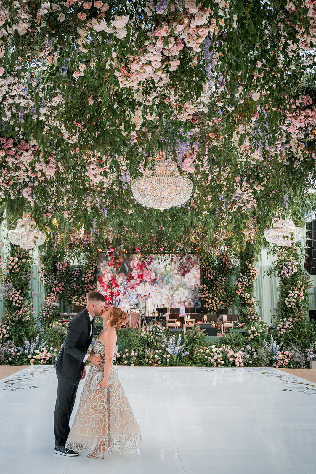 Beautiful wedding bar decorated with lush florals at Smith Center luxury wedding in Las Vegas